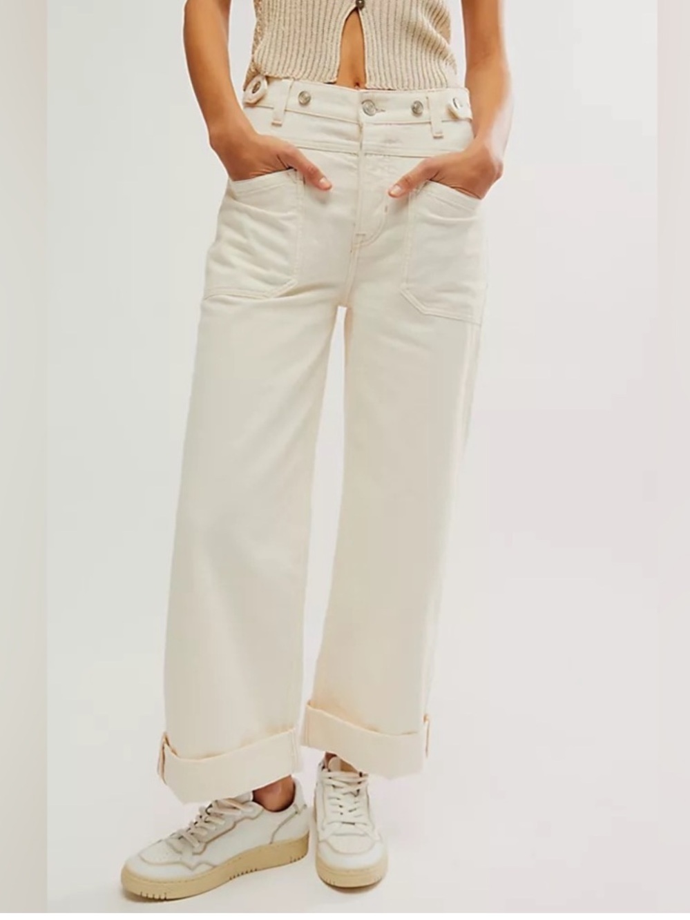 Free People / We The Free Palmer Cuff Wide Leg Jeans in cream size 28